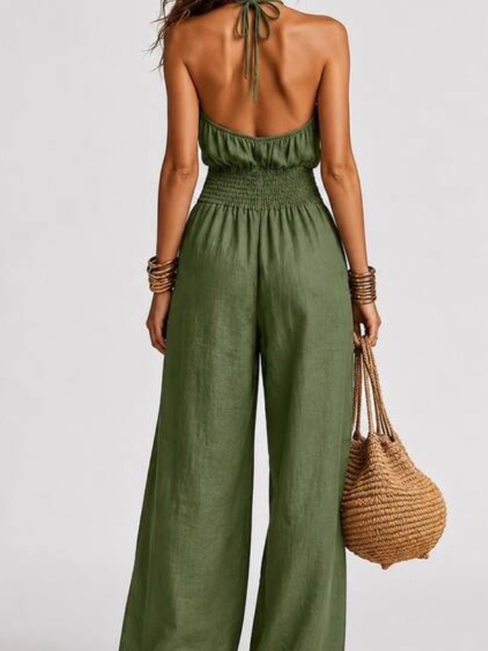SHEIN Olive Green Halter Wide-Leg Jumpsuit with Smocked Waist - Picture 3 of 6